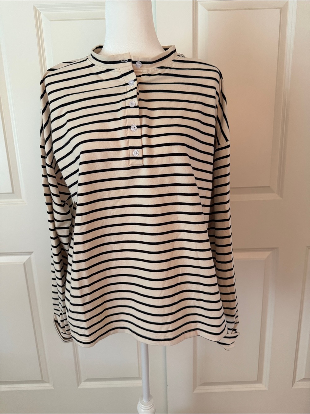 Striped Henley Long-Sleeve Top in Cream and Black S/M